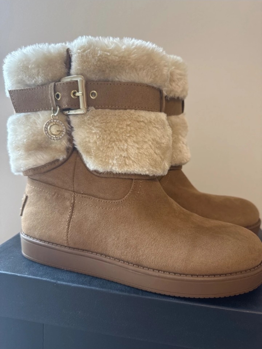 GBG Los Angeles Tan Suede Shearling-Trim Ankle Boots